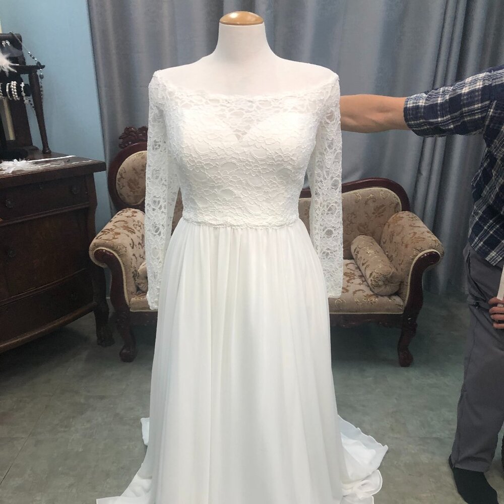 SAMPLE A-Line Lace Long Sleeve Wedding Dress, Off-the-shoulder Bateau,  POCKETS